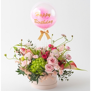 HLB099 JAMIE 粉紅庭園亞玫瑰配綠色繡球花盒